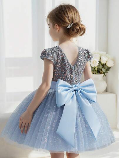 Young Girl Grey-Blue Velvet Sequin Flower Girl Wedding Dress, Backless Big Bow Mesh Tulle Skirt, Elegant Party Gown Suitable For Birthday, Party, Bridesmaid, Flower Girl, Wedding, Banquet, Stage Performance, Important Occasions, Holiday Celebration