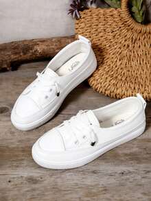 Women's White Classic Versatile Round Toe Slip-On Casual Lace-Up Soft Comfortable Flat Outdoor Sports Casual Sneakers, Simple Shoe Upper, Smooth Lines, Overall Clean And Neat. Suitable For Spring, Summer, Autumn, Daily Outings, Campus, Holidays, Street Fashion Matching.Size Runs Large, Recommend Ordering One Size Down. - trắng - Xem 4