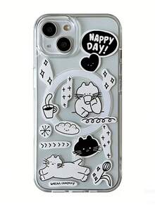 1个透明磁吸手机壳，猫咪图案，带磁吸PU皮革卡槽，防震保护套，兼容 11/12/13/14/15/16/17/Pro Max - 無色 - 查看 3