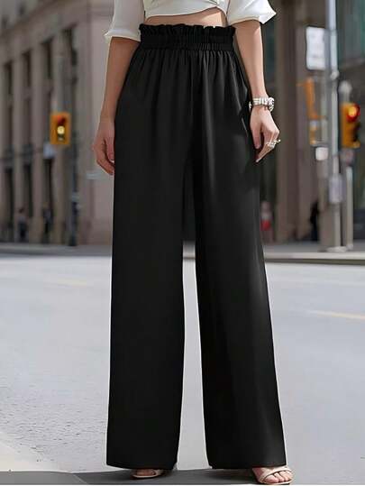 女士秋季纯色简约休闲斜插口袋阔腿裤，女士春秋季长裤