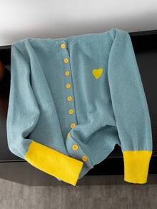 2025 Novo Cardigan de Tricô com Bordado de Coração em Contraste de Cores, Estilo Macio e Confortável, Adequado para Usar no Dia dos Namorados - Azul menta - Visão 3