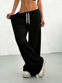 Women's Loose Fit Drawstring Waist Casual Wide Leg Pants, Everyday Wear Spring - Black - View 4