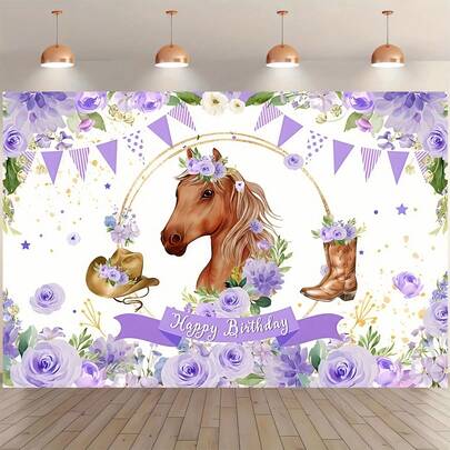 1 Happy Birthday Horse-Themed Background Banner - Purple Floral Western Cowboy Hat And Boots Design, Suitable For Party Decorations, Photo Props, Themed Events, Bedrooms, Living Rooms, Gardens, And Outdoor Event Atmosphere Decoration