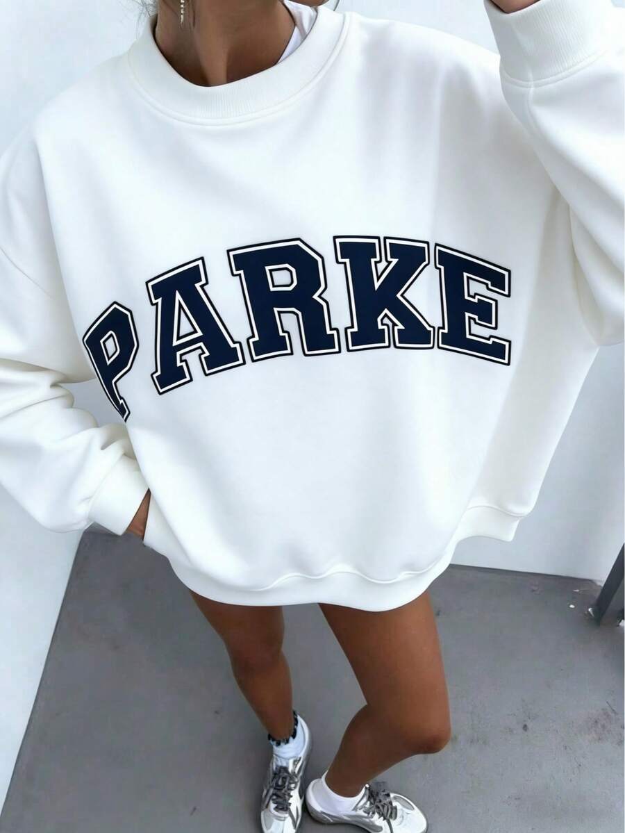 2026 Unisex Casual "PARKE" Letter Print Loose Pullover Sweatshirt, Encountering Lazy Fashion.Casual Daily Wear,Winter Clothes For Women,Clothes,Hoodie,Tops,Spring Break,Long Sleeve Tops Women - 白色 - 查看 1
