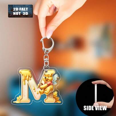 2D平面设计，迪士尼小熊维尼和蜜蜂字母钥匙扣，26款“A-Z”花卉卡通图案，亚克力吊坠配链条，适用于包包和车钥匙，旅行配件，礼物，可爱钥匙扣，花卉图案，光滑表面，耐用钥匙扣，装饰钥匙扣，卡通钥匙扣，送给她的礼物，迪士尼粉丝，2D平面礼物（如果产品不透明，请撕掉印刷背面的保护膜）