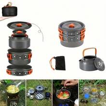 6-7 Personen Camping Kochgeschirr Set, beinhaltet Camping Wasserkessel, Kochtopf, Bratpfanne, Geschirr Set, klappbar und kompakt für die Aufbewahrung, Outdoor Camping Kochgeschirr und Utensilien, geeignet für Camping, Reisen, Wohnmobil, Picknick, tolles Geschenk, Camping Ausrüstung - Orange - Übersicht 3
