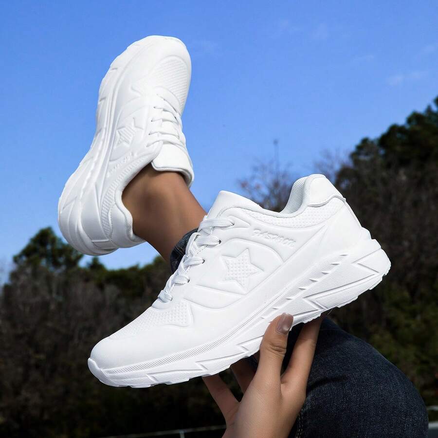Nouvelles chaussures de course mode couleur unie pour femmes, baskets de sport respirantes et légères, chaussures athlétiques confortables et durables avec semelle épaisse pour les sports de plein air, le port décontracté quotidien, la course sur sentier