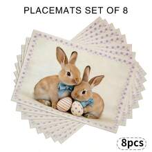 4-Piece Retro Rabbit Placemat Set (4-Piece Set) Suitable For Dining Tables, Washable Table Mat With Rabbit, Easter Egg, Purple Flower And Other Patterns, Rectangular Easter Table Decoration, Suitable For Coffee Tables, Holiday Parties And Spring Table Decoration - Multicolor - View 13