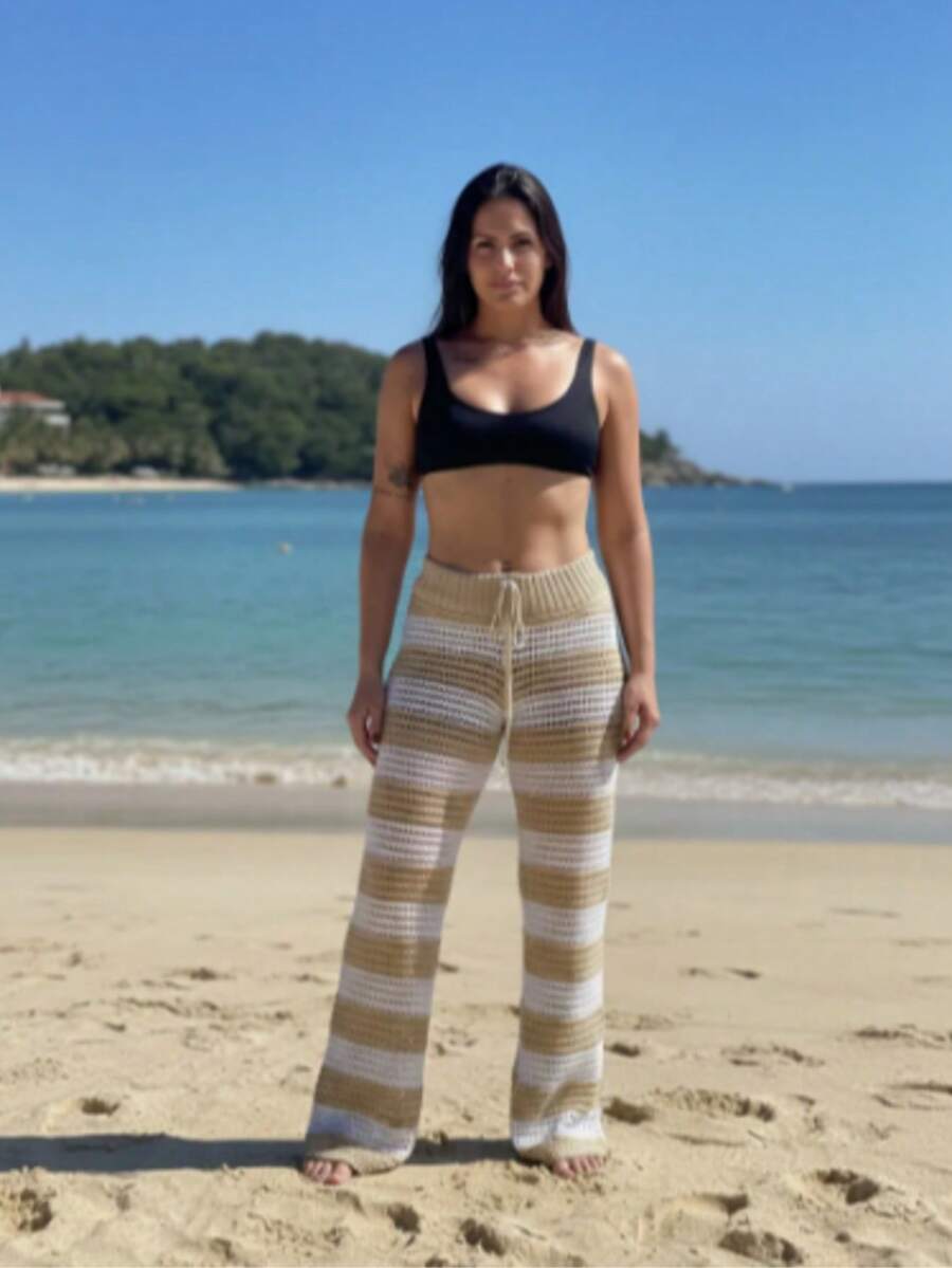 Beach Cover-Up Pants, Drawstring, Striped, Crochet, Blogger Style, Luxury Knitwear, Elegant, Women's Fashion, Summer, Casual, Beach Vacation - 奶油色 - 查看 1