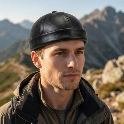 1pc Men's PU Leather Solid Color Flat Cap, Outdoor Casual Hat, Black Newsboy Cap, Suitable For Autumn/Winter Travel, Windproof & Warm