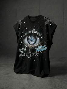 男士“天意之眼”字母仿水钻链条图案落肩无袖T恤 夏季休闲健身街头哥特朋克风背心 柔软触感 - 黑色 - 查看 5