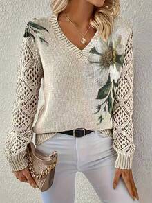 Suéter de manga larga de uso diario versátil y casual con cuello en V, estampado floral y calado para mujer talla grande, ideal para vacaciones de primavera - Caqui - Ver 4