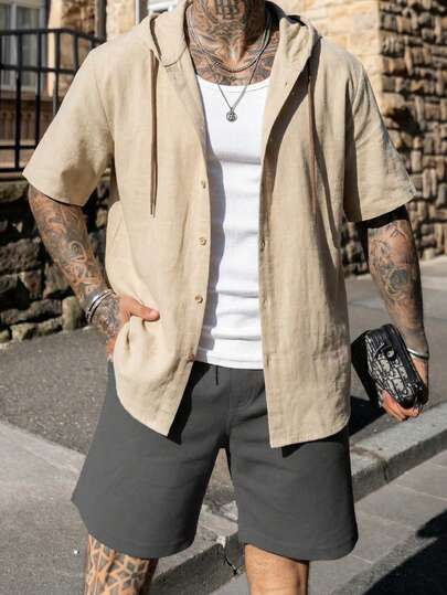 ONE WAVE 男士休闲亚麻纯色短袖连帽衫，适合日常、街头、度假、春夏穿着
