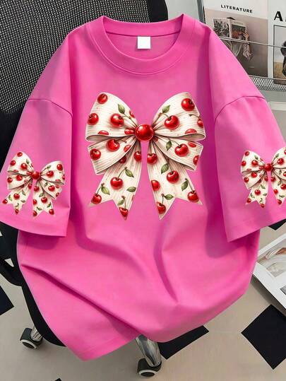大码女式樱花蝴蝶结印花圆领T恤，适合夏季度假、海滩、春季假期、情人节、狂欢节、母亲节、毕业季及其他场合。