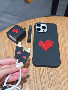 5pcs Set (1pc Black Liquid Big Hole Heart TPU Phone Case + 1pc Black Apple 18W/20W Charger Protector + 2pcs Black Data Cable Anti-Break Clips + 1pc Black Strap) Compatible With Apple 18W/20W Charger, Compatible With IPhone 17/17Pro/17ProMax, 16/16Pro/16ProMax/16Plus, 11/11ProMax, 12/12Pro/12ProMax, 13/13Pro/13ProMax, 14/14Pro/14Plus/14ProMax, 15/15Pro/15Plus/15ProMax - Multicolor - View 3