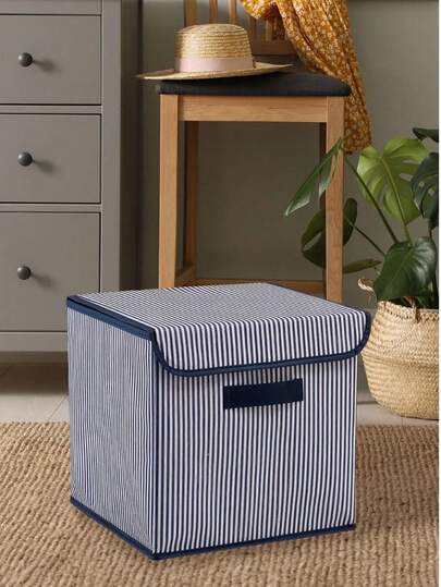 Navy Blue Striped Folding Storage Box With Lid, For Inside Cabinets, Laundry And Toys, 30x30x30