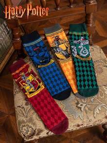 Warner Bros 4 Pairs Harry Potter Series Socks With School , Shield, Animal Cartoon Designs, Breathable & Warm Mid-Calf Socks, Suitable For Daily Wear, Spring/Summer - Multicolor - View 8