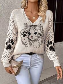 优雅波西米亚风猫咪印花V领长袖毛衣，适合秋冬、春夏等四季穿着，时尚套头针织衫，适合办公室、街头、居家、旅行等各种场合。 - 杏色 - 查看 3