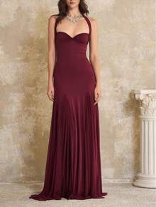 Women's New Halter Neck Strapless Backless Sexy Slim Fit Floor-Length Flared Elegant Dress - 酒紅色(25325) - 查看 2