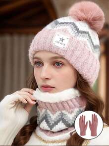 三件套针织帽围巾套装，保暖内衬毛线帽和围脖，冬季休闲羊毛防风配饰，适合作为节日礼物 - 彩色 - 查看 9