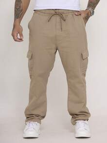 Calça Cargo Masculina em Sarja, Modelagem Oversized Confortável Casual com 6 bolsos Estilo Skate - Marrom Claro - Visão 3