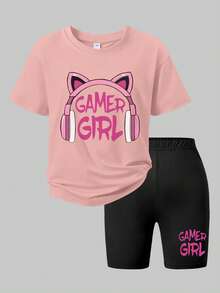 Bộ 2 món đồ mặc thường ngày cho bé gái - Áo thun rộng và quần short kiểu game thủ, trang phục đường phố ngọt ngào mặc hàng ngày. - Hồng - Xem 2