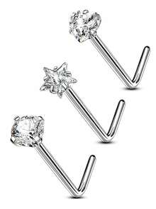3pcs Nose Rings, G23 Solid Titanium 20G L-Shaped Nose Rings, Round/Star/Heart CZ Nose Piercing Jewelry, Unisex - Nose Ornament - View 7