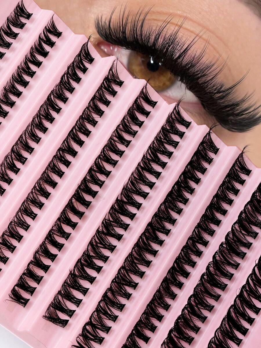 10 Trays/200 Clusters Pink Base, Cluster Style, D-Curl Flared, 3D Flip, Soft & Comfortable, Reusable, DIY Cluster Eyelash Extension Kit, Mixed Fluffy Soft, Cluster Segmented Pointed C-Curl Eyelash Extension, Can Create Cat Eye Makeup, Natural & Elongated, Elegant & Luxurious, Fluffy & Dense Makeup, Presents Beautiful Eyelash Effect - D - View 1