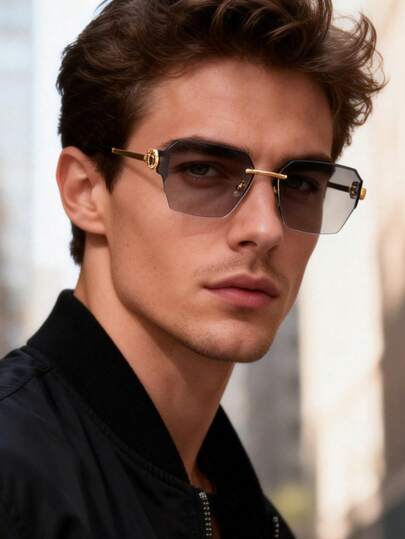 Gafas de moda de metal sin marco de alta calidad personalizadas para hombres, diseño de brazos redondos, adecuadas para conducir, viajar, playa, marcos decorativos