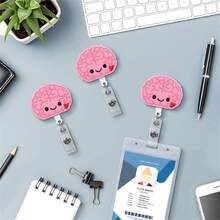 1pc Pink Brain Shaped Retractable ID Badge Reel Holder Clip - Multicolor - View 3