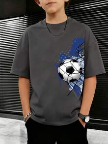 青少年男童印花短袖T恤，学生休闲夏季上衣 - 深灰色 - 查看 1