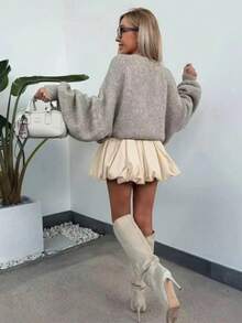 Solstice Apparel 泡泡褶高腰A字迷你裙，杏色梭织面料，通勤、日常、约会、春夏、情人节 - 杏色 - 查看 9