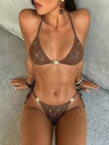 2026夏季新款性感钩针亮片棕色比基尼套装，金属贝壳装饰露背系带三角罩杯，休闲优雅，适合情人节，也是海滩派对和度假的必备单品 - 棕色 - 查看 2