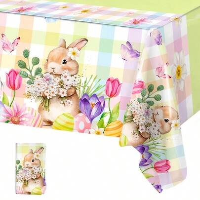 1件复活节兔子桌布，尺寸86.61*51.18英寸，兔子、花卉、蝴蝶格子图案，适合家居复活节装饰、复活节派对用品、春季主题派对餐桌装饰、复活节派对桌布