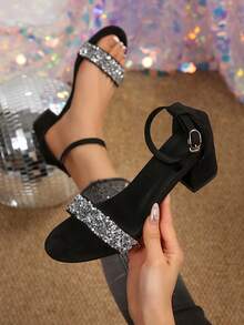 New Versatile Chunky Heel Slip-On Mule Sandals, Black Round Toe - Black - View 8