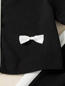 2件套女童休闲纯色3D蝴蝶结装饰纽扣领短袖上衣和长裤套装，春夏款 - 黑色 - 查看 7