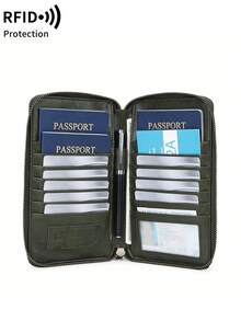 MIYIN 1 pieza Cartera de pasaporte con bloqueo RFID con patrón de avión creativo y bolsa con cremallera, apta para tarjetas de crédito/identificación/dinero en efectivo/pasaportes/vuelos/tarjetas bancarias, cartera de pasaporte multifuncional con cremallera para viajes, adecuada para hombres y mujeres, esencial para viajes, bolsa de viaje ligera, bolsa de equipaje, bolsa de lona, bolsa de noche, organizador de viaje de gran capacidad y durable, esencial para cruceros, vacaciones y viajes para hombres y mujeres - Verde Oscuro - Ver 5