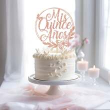 Mis Quince Años Adorno para Tarta, Feliz 15 Años, Adorno para Tarta de 15 Cumpleaños, Hello 15, Decoración de Fiesta de Cumpleaños 15 (Oro Rosa con Purpurina) - Brillo de oro rosa - Ver 6