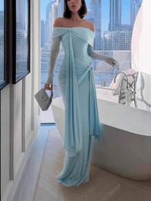 Women's New Slim Fit Slimming Niche Design Ribbon Off-Shoulder Long Dress - Light Blue (25374) - View 5