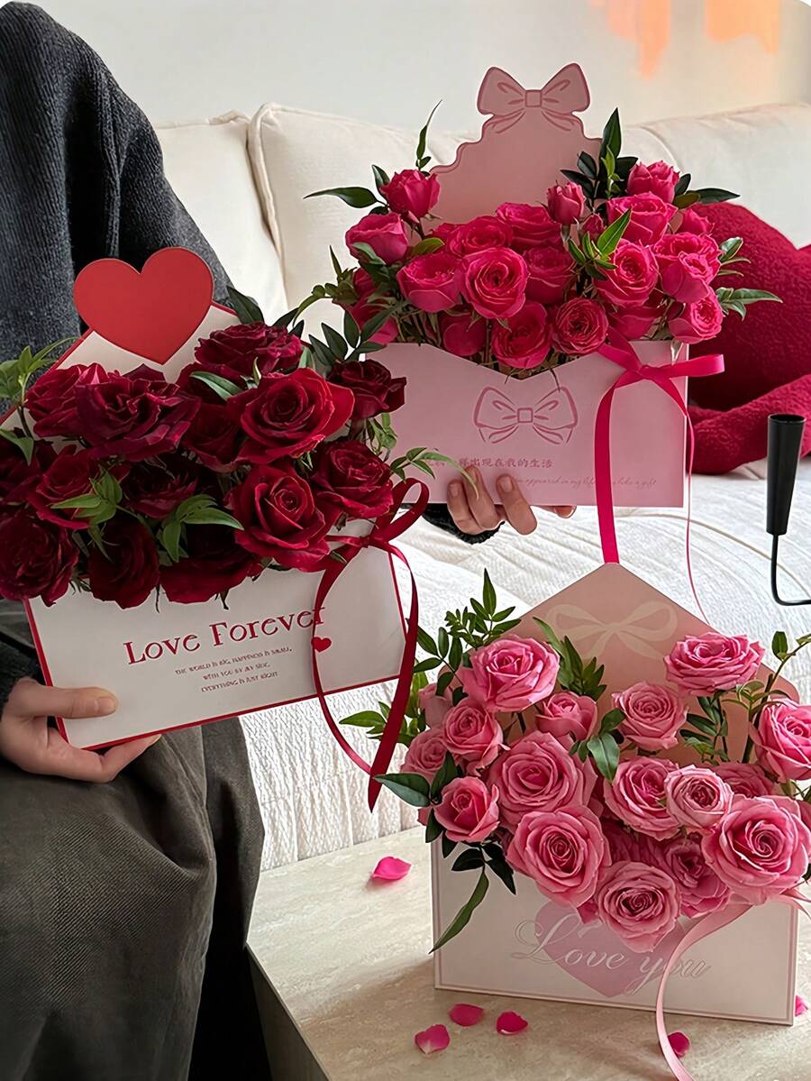 3pcs Elegant Envelope Flower Gift Box Set, With Love Letter Design, Suitable For Valentine's Day, Wedding, Mother's Day/Graduation/Teacher's Day Gifts, DIY Floral Basket Flower Preservation, Reusable Container, Lightweight Keepsake Box, Romantic Gift Set, Wedding Storage Bag, And Sentimental Shopping Essential, Baking Gift Box