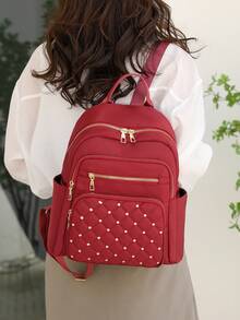 Mochila acolchada de gran capacidad con decoración de remaches, de estilo minimalista y de moda - Rojo - Ver 3