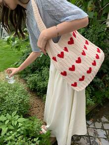 秋冬时尚针织心形手提包 - 甜美风格单肩包，独特手提包，优雅购物袋，理想的情人节礼物，轻便可折叠大容量，时尚单肩包，新年手提包 - 白色 - 查看 5