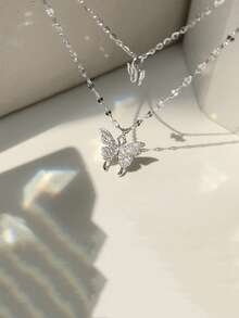 Collar de doble capa de lujo con colgante de mariposa y corazón de diamante de imitación, collar minimalista versátil adecuado para adultos jóvenes - Plateado - Ver 2