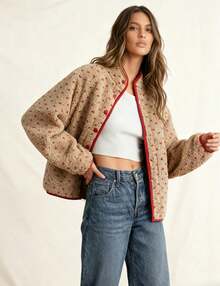 Women's Fleece Jacket Button Down Lapel Collar Sherpa Jackets Long Sleeve Contrast Quilted Outerwear - Đỏ - Xem 3