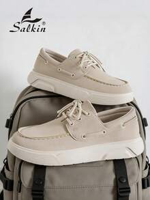 Salkin 设计师男士德比鞋系带柔软仿麂皮鞋，时尚实惠的品牌感觉，舒适的圆头乐福鞋，优雅的绅士运动鞋，纯色防滑耐用厚底，休闲日常穿着，情侣装，约会装，派对装，节日礼物，春夏秋装，尺码偏小，请订购大一码 - 米色 - 查看 10