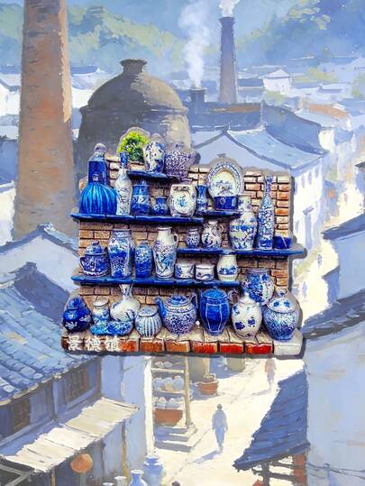 1pc Jingdezhen Creative Resin Refrigerator Magnet, Blue Porcelain, 3D Embossed High-End Resin Craftsmanship PVC Refrigerator Magnet, Kitchen Decor, Famous Scenery Magnet, Travel Lover Home Decor Gift