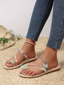 2026春夏新款透明带EVA女士平底凉鞋，蝴蝶装饰水钻铆钉沙滩凉鞋 - 透明淺綠蝴蝶 - 查看 2