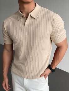 Men's Ribbed Airplane Collar Polo Knit Shirt, Short Sleeve, Summer Fashion - Apricot - View 2