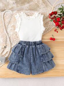 2pcs Girls Vintage Cute Cherry Embroidered Ruffle Trim Tank Top + Denim Skirt Outfit, Summer - White - View 2