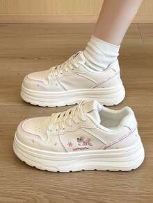 Women's Casual Sneakers Low-Top Round Toe Lace-Up New Style, Soft Bottom Soft Surface Comfortable Women's Skateboard Shoes, Princess Style Puppy Embroidery Campus Style Women's White Shoes - Pink - View 4